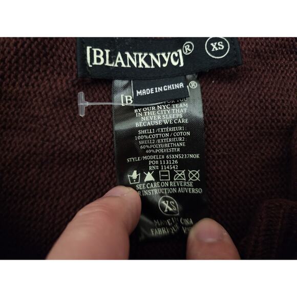 BLANK NYC Cardigan XS Tight Knit Vegan Leather Sleeve Burgundy Button Cowl Neck - Picture 3 of 8